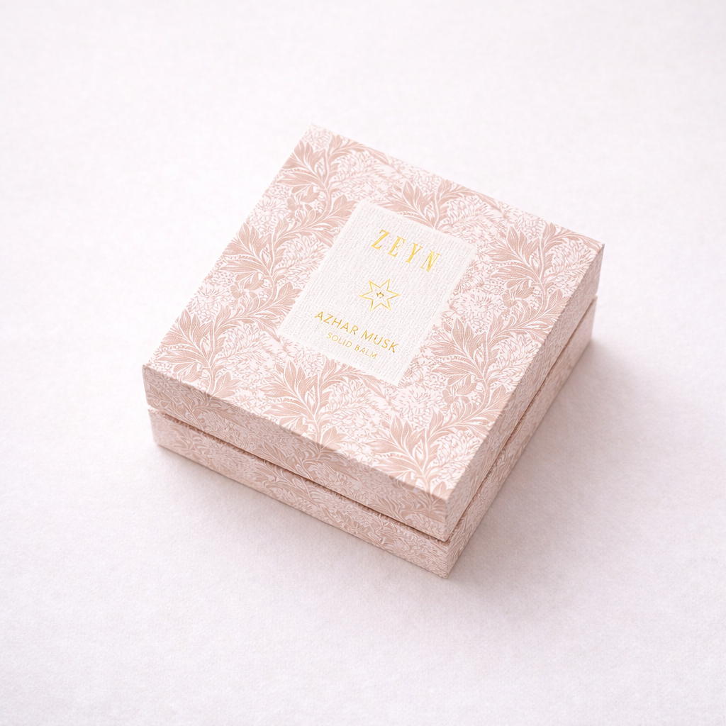 Zeyn box with floral patterns and a visible brand name on a white background. AzharMuskBox_Refill_PDP_Elevated
