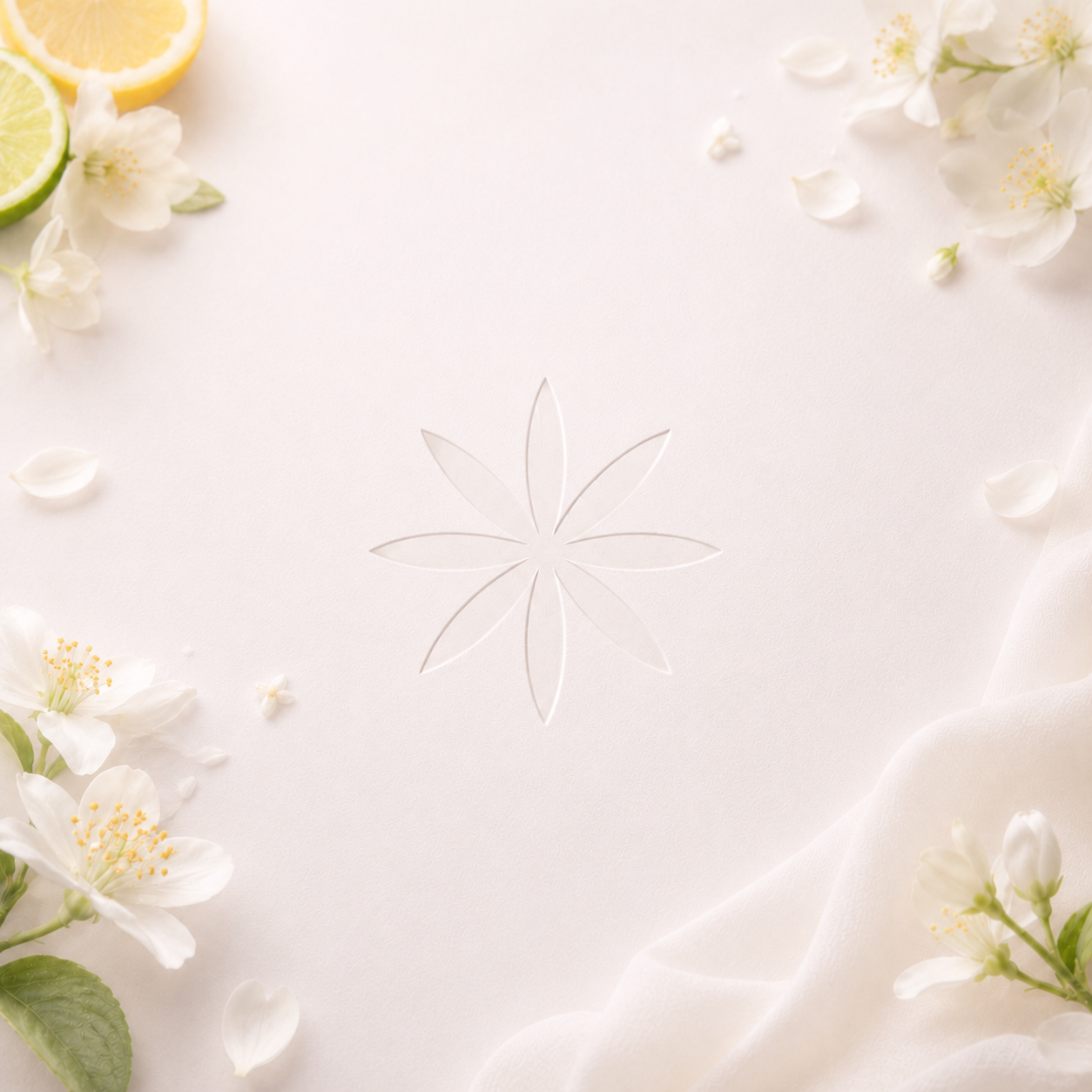 Azahar Musk refill scent icon embossed on a soft ivory textured surface, surrounded by white blossoms, citrus slices, petals, and airy fabric.