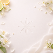 Azahar Musk refill scent icon embossed on a soft ivory textured surface, surrounded by white blossoms, citrus slices, petals, and airy fabric.