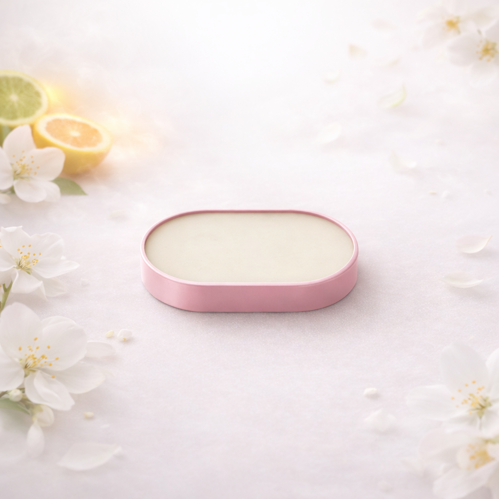 Solid Perfume Balm pod with flowers and lemon on a light background. Zeyn - Azhar Musk