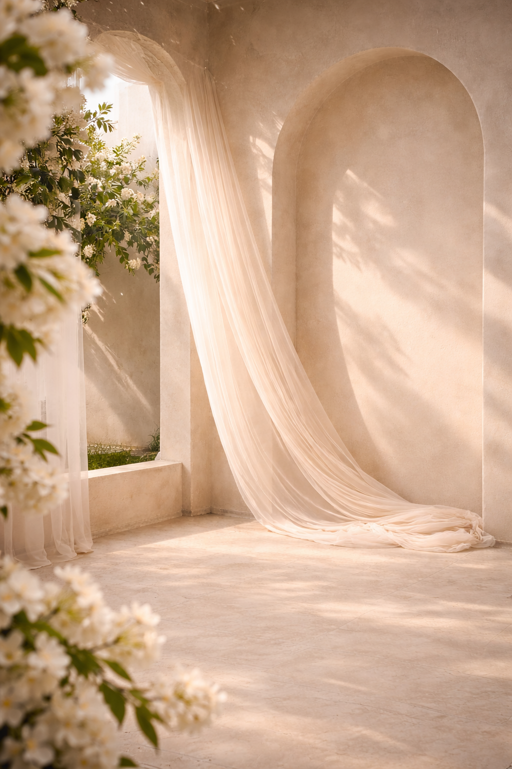 Elegant indoor setting with draped fabric and white flowers , Azhar Musk