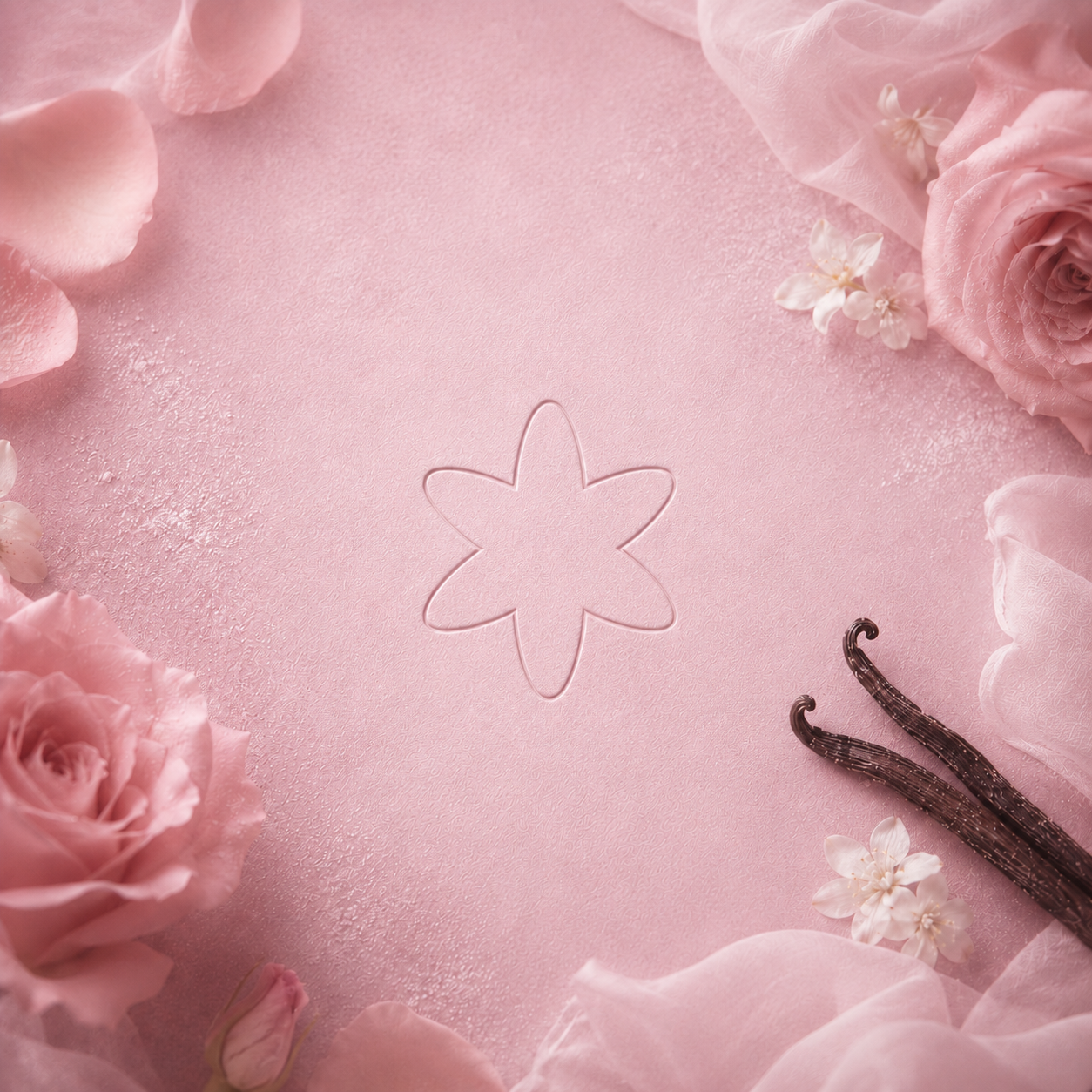 Damascus Rose refill scent icon embossed on a soft rose-pink textured surface, framed by rose petals, delicate flowers, vanilla pods, and sheer fabric.
