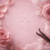 Damascus Rose refill scent icon embossed on a soft rose-pink textured surface, framed by rose petals, delicate flowers, vanilla pods, and sheer fabric.
