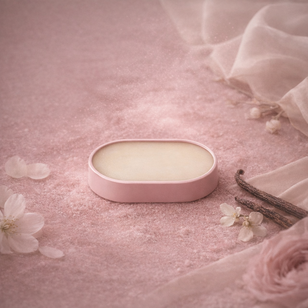 Pink solid perfume balm on a pink surface with flowers. Zeyn - Damascus Rose