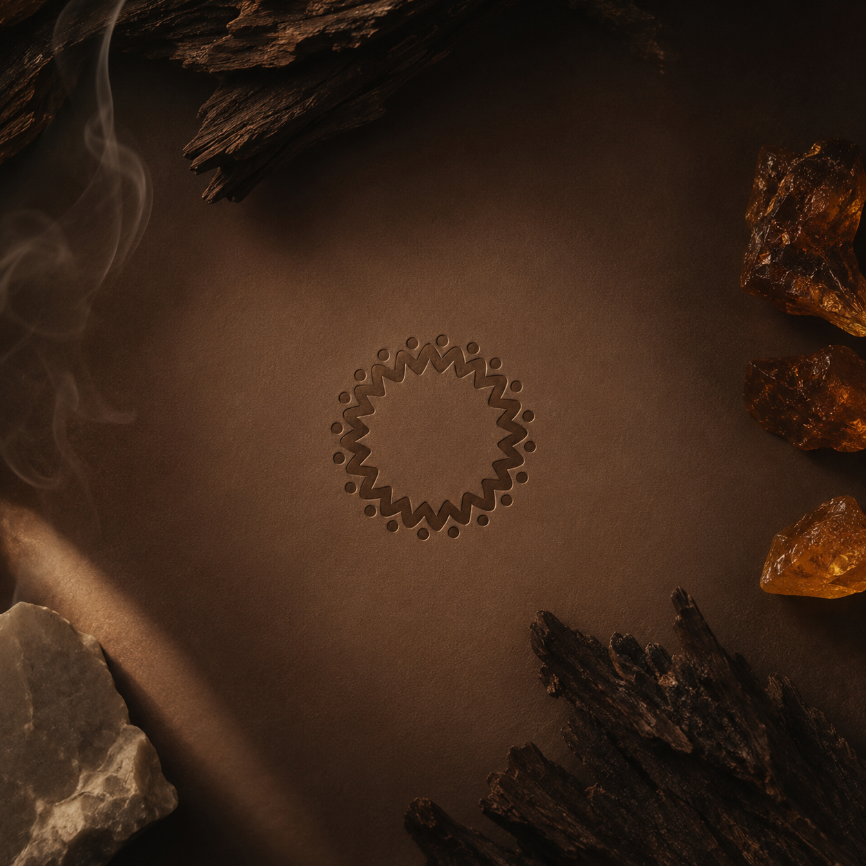 Oud Ambra refill scent icon embossed on a dark warm-brown textured surface, surrounded by oud wood, amber resin, mineral stone, and soft smoke.