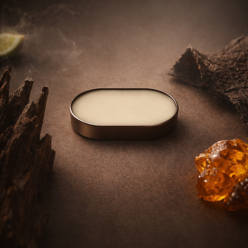 Rectangular solid perfume balm on a dark surface with amber and wood elements. Zeyn - Oud Ambra