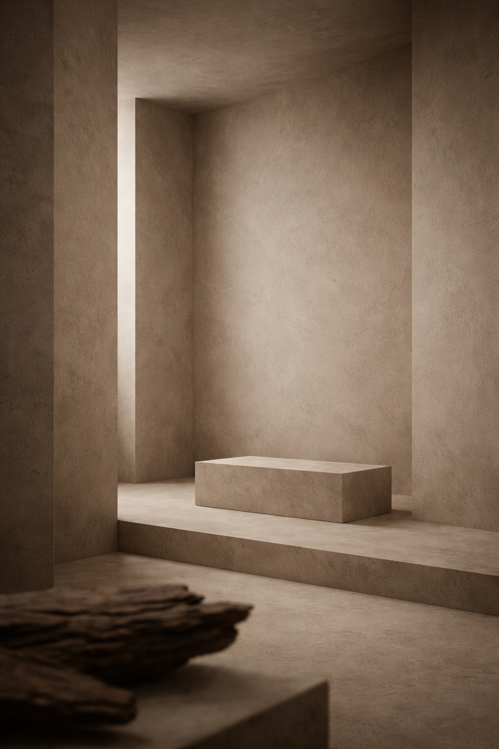 Minimalist room with concrete walls and a platform, bathed in soft light. Oud Ambra