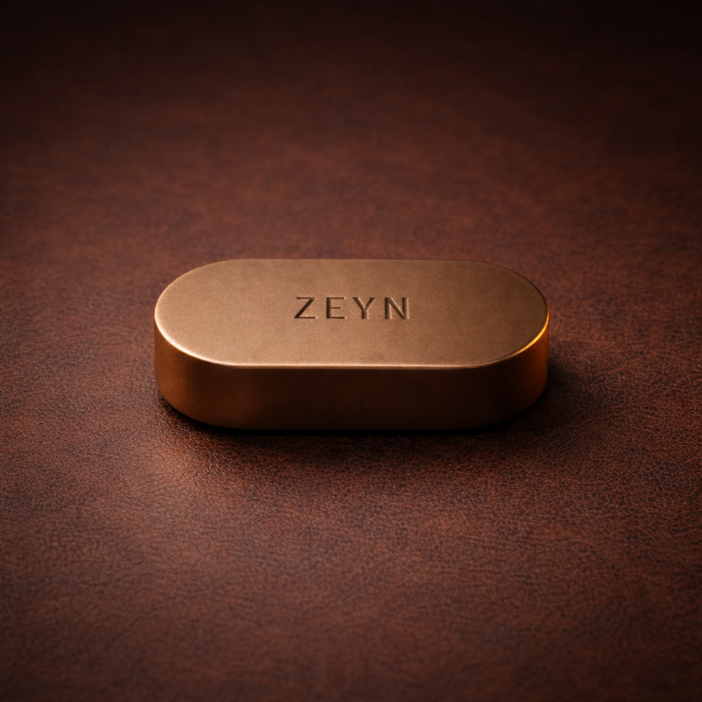 ZEYN Tabac Arabe solid perfume balm in bronze metal device resting on dark leather surface