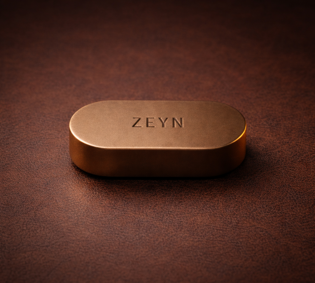 ZEYN Tabac Arabe solid perfume balm in bronze metal device resting on dark leather surface