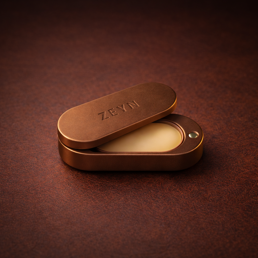 ZEYN Tabac Arabe solid perfume balm inside bronze pocket fragrance device
