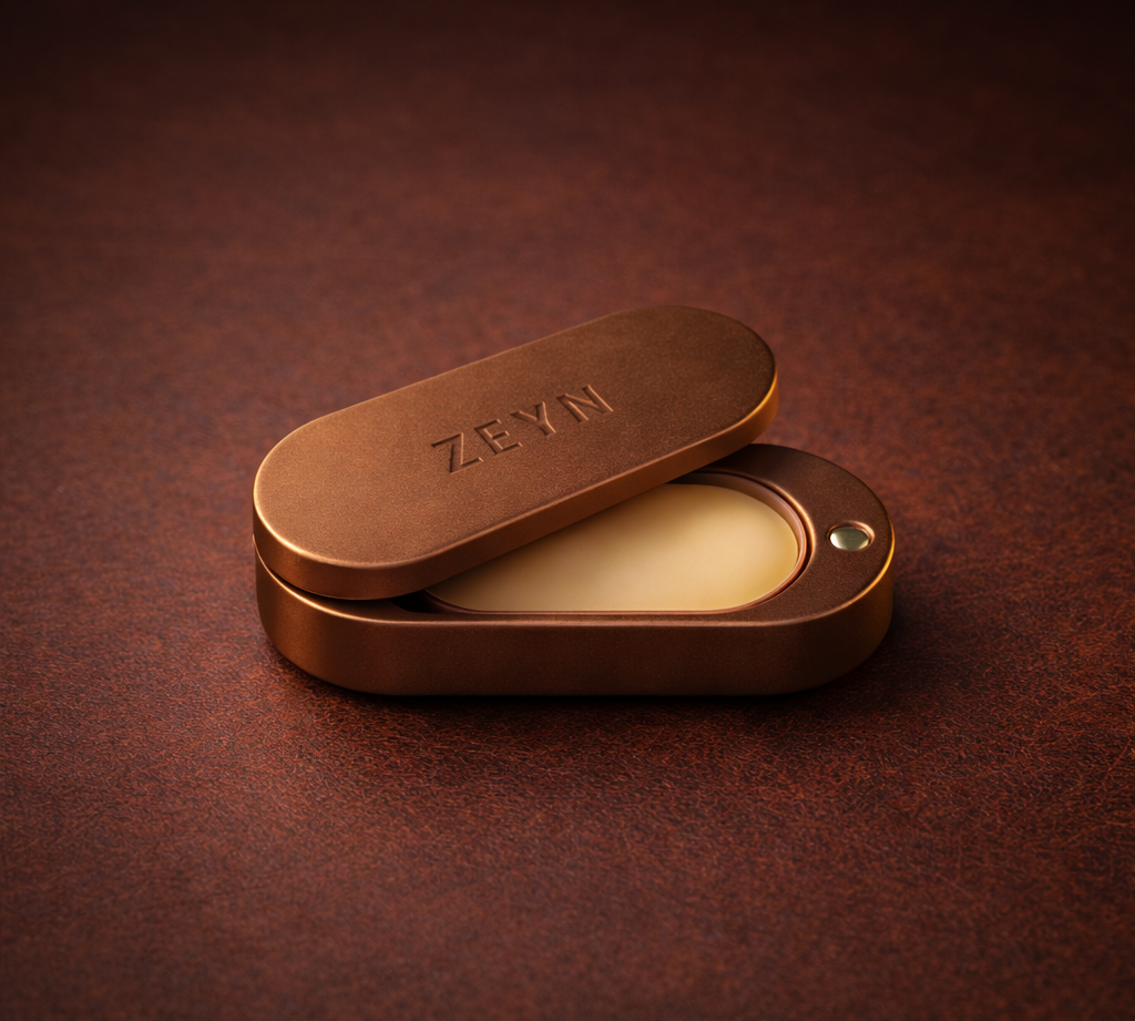 ZEYN Tabac Arabe solid perfume balm inside bronze pocket fragrance device