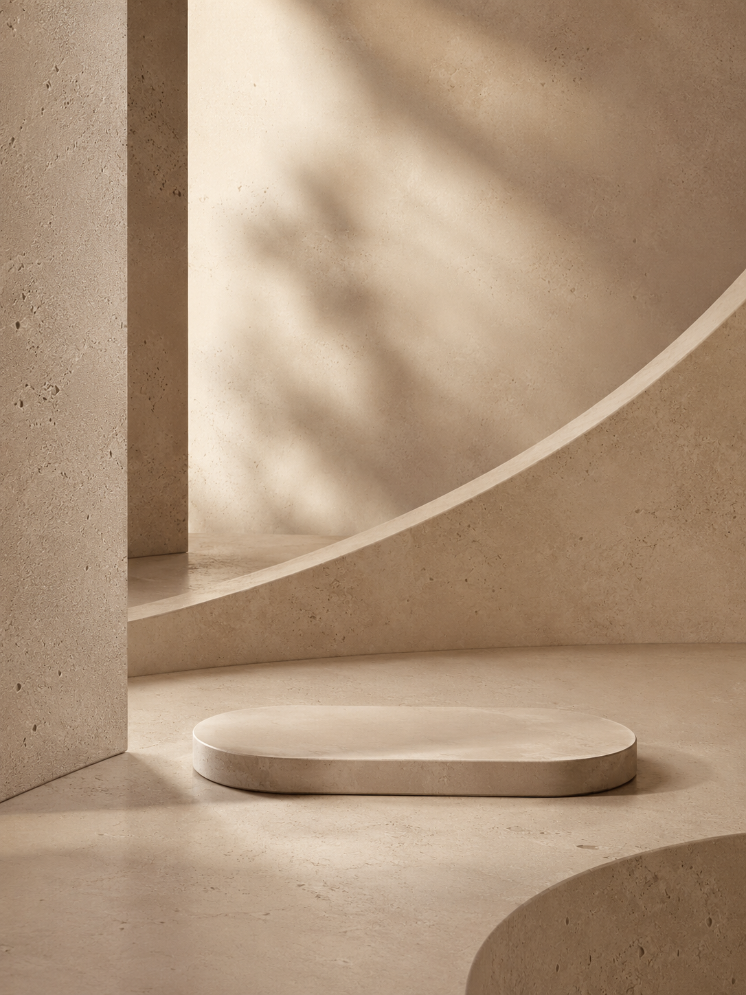 Soft sunlit stone interior in warm beige tones with sculptural alcove and olive branches, created as the setting image for The ZEYN Case