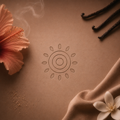 Vanillu Andalusia refill scent icon embossed on a warm caramel-toned textured surface, framed by hibiscus, vanilla pods, soft fabric, and creamy floral notes.