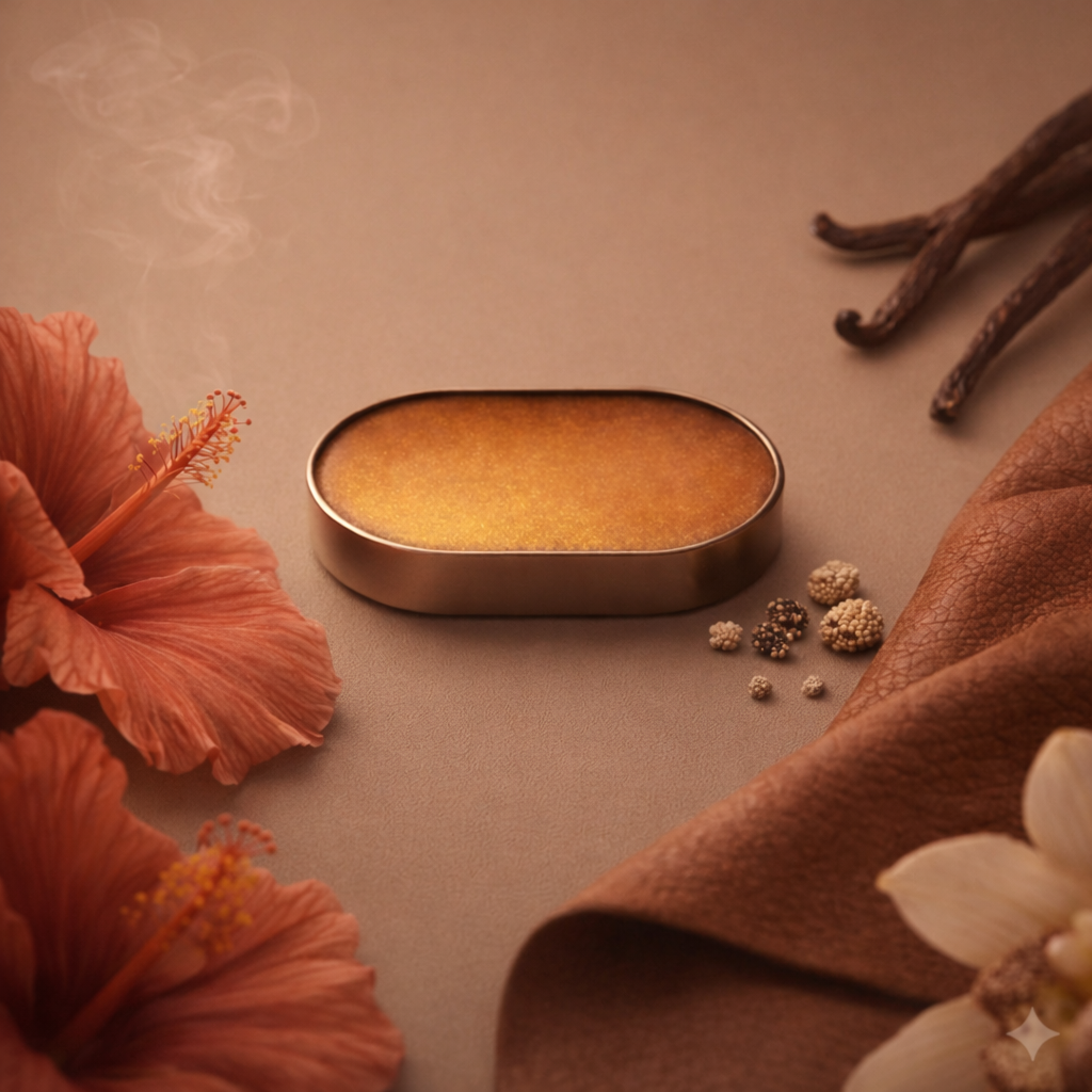 Zeyn Solid perfume balm with red flowers and vanilla beans on a brown.  background. Zeyn - Vanillu Andalusia