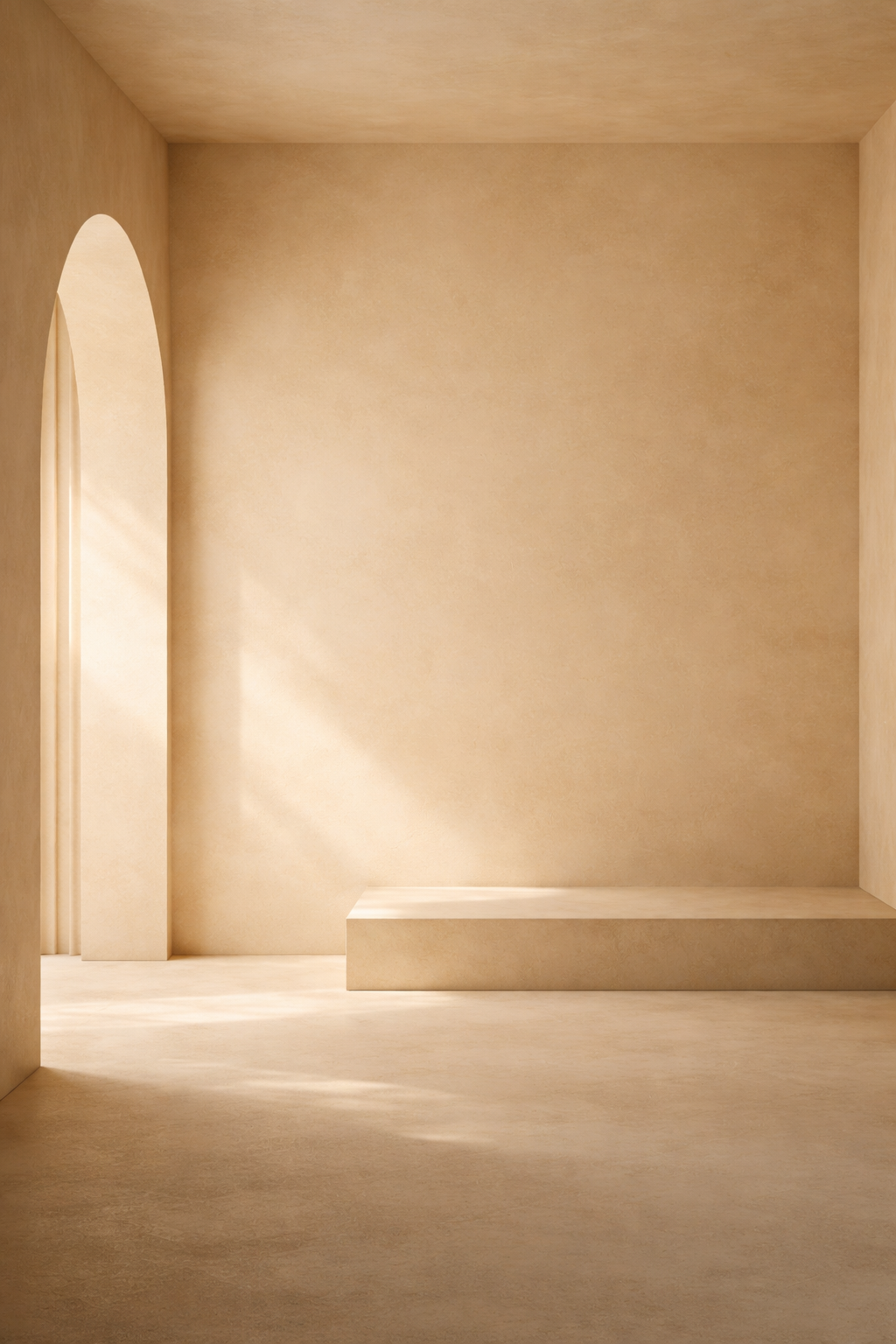 Beige interior space with a bench and archway. Vanilu Andalusia