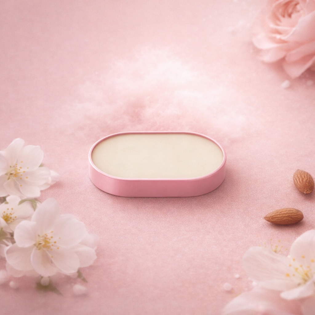 Zuria Pudra solid perfume balm pod inside the ZEYN refillable fragrance device on a soft pink background.